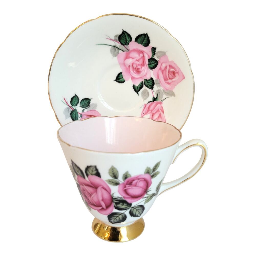 Vintage Old Royal Teacup Saucer Bone China England Pink Rose Floral Cottagecore